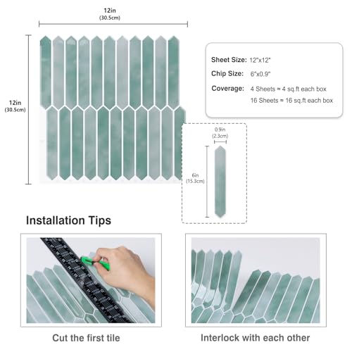 CRE8TIVE 16 Sheets Green Long Hexagon Tile Kitchen Backsplash Tiles Peel and Stick Backsplash for Bathroom Waterproof Self Adhesive Back Splash Stick on Tile for Laundry Room Shower Wall Tiles 12x12 - Image 3