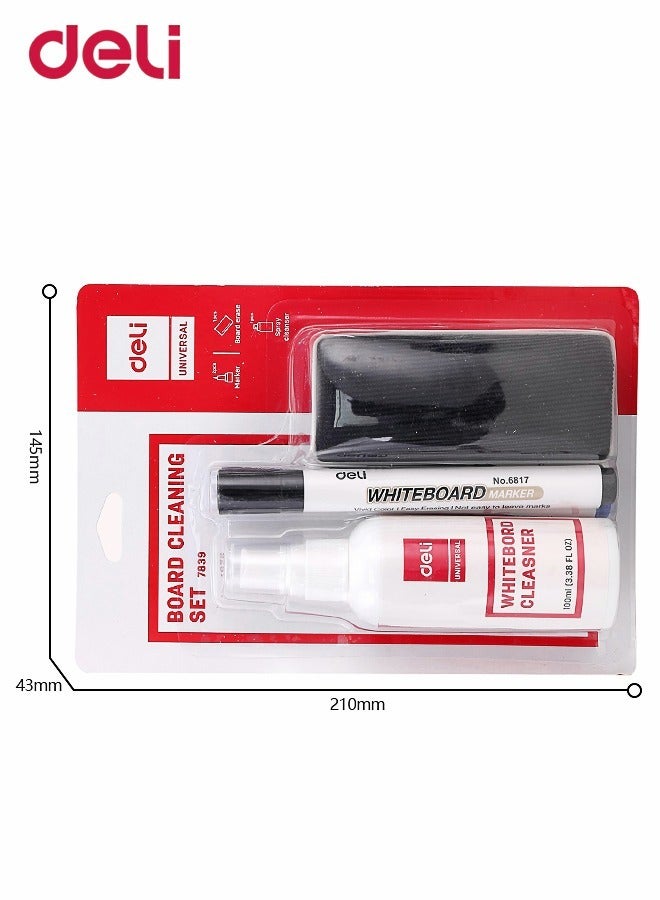 Deli White Board Marker With Duster Cleaner and Cleaner Liquid 4 Pcs - Image 1