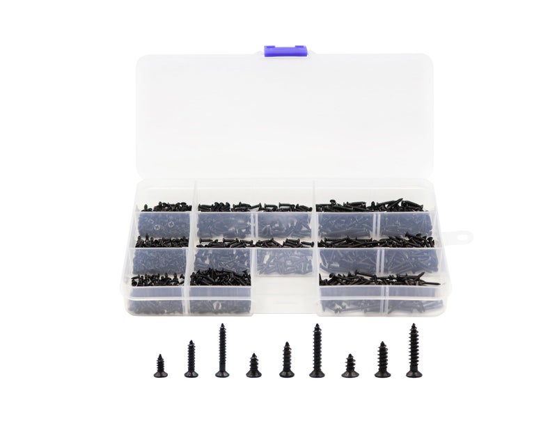LBY 900pcs M1.7 M2 M2.3 x 5mm / 8mm/ 12mm Flat Head Self-Tapping Sheetmetal Screw Assortment Kit, Mini Wood Screws, 9 Sizes, Carbon Steel (Black) - Image 1