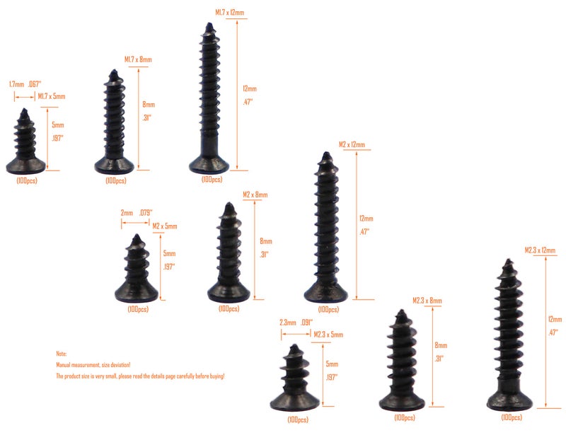LBY 900pcs M1.7 M2 M2.3 x 5mm / 8mm/ 12mm Flat Head Self-Tapping Sheetmetal Screw Assortment Kit, Mini Wood Screws, 9 Sizes, Carbon Steel (Black) - Image 4