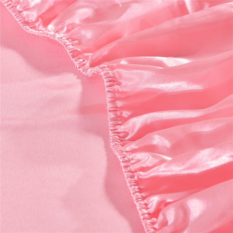 Well-made Soft Silk-like Polyester Fitted Sheet Fitted Cover Silky Smooth Bed Cover Fitted Elastic(Twin,Pink) - Image 3
