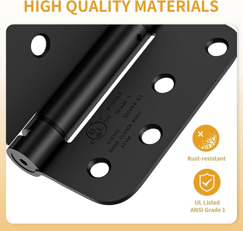 Luxbaro 4 Pack Self Closing Door Hinges 4 Inch, Matte Black Spring Loaded Hinges with 5/8'' Radius Corners, Adjustable Tension for Garage, Front Door, for Left and Right Hand Door, UL Listed - Image 3
