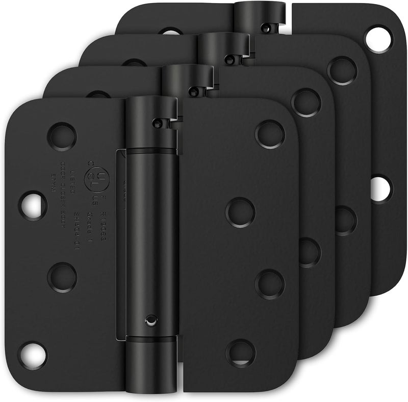 Luxbaro 4 Pack Self Closing Door Hinges 4 Inch, Matte Black Spring Loaded Hinges with 5/8'' Radius Corners, Adjustable Tension for Garage, Front Door, for Left and Right Hand Door, UL Listed - Image 1