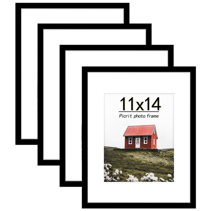 Picrit 11x14 Picture Frame Set of 4 Made of High Definition Real Glass Display 8x10 with Mat or 11x14 Without Mat Photo Frames for Wall Mounting or Table Top Display Black