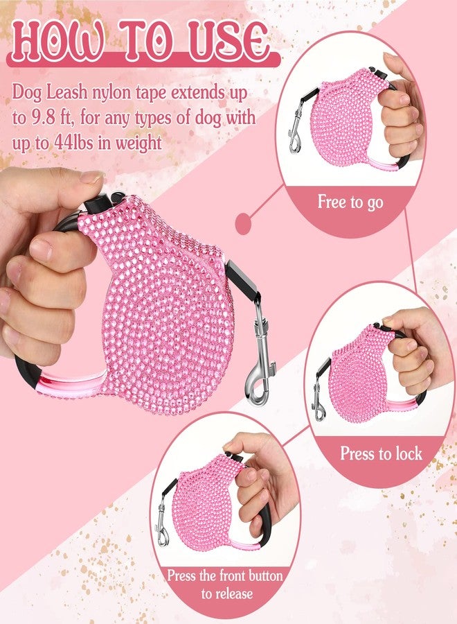 LEIFIDE 2 Pack Rhinestone Retractable Dog Leash and Bag Holder Set Pink Bling Bone Shaped Pet Waste Bags Dispenser with Metal Clip Heavy Duty Dog Leash for Most Puppy - Image 3