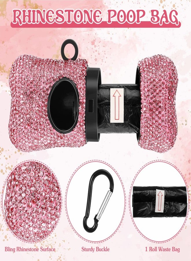 LEIFIDE 2 Pack Rhinestone Retractable Dog Leash and Bag Holder Set Pink Bling Bone Shaped Pet Waste Bags Dispenser with Metal Clip Heavy Duty Dog Leash for Most Puppy - Image 2