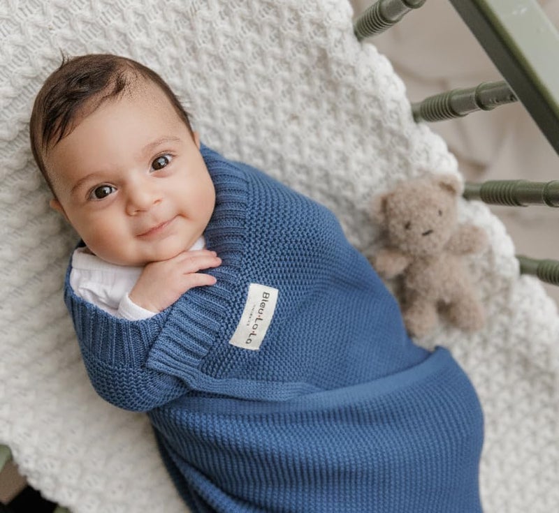 Bleu La La - 100% Organic Cotton Heritage Knit Textured Baby Quilt Blanket for Boys - Signature Heritage Knit, Soft Breathable Newborn Baby Blanket (Heritage - Denim Blue) - Image 4