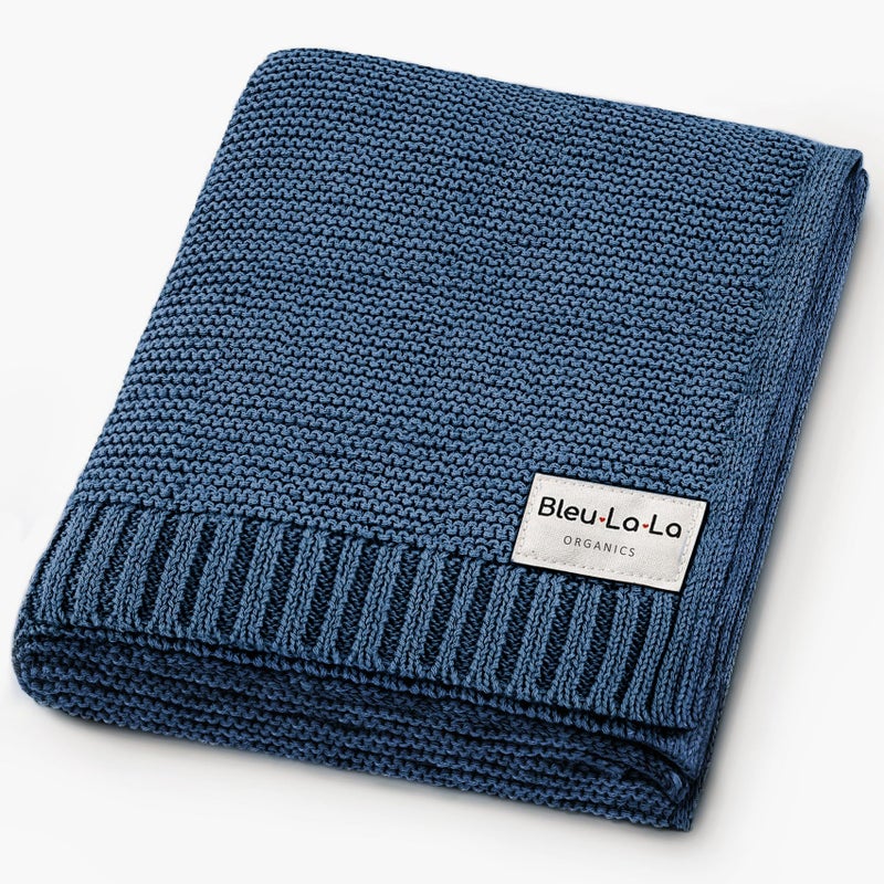 Bleu La La - 100% Organic Cotton Heritage Knit Textured Baby Quilt Blanket for Boys - Signature Heritage Knit, Soft Breathable Newborn Baby Blanket (Heritage - Denim Blue) - Image 1
