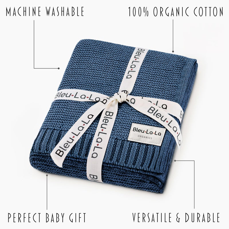 Bleu La La - 100% Organic Cotton Heritage Knit Textured Baby Quilt Blanket for Boys - Signature Heritage Knit, Soft Breathable Newborn Baby Blanket (Heritage - Denim Blue) - Image 3
