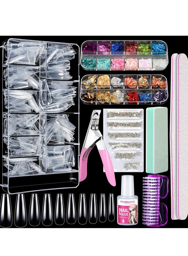 500pcs Clear Fake Nail Tips Set with Glue, Glitter, Foil, and Rhinestones for DIY Nail Art and Salons - Image 1