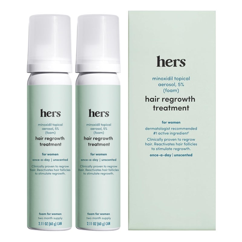 HIMS & HERS hers Topical Minoxidil Foam, 5% - Extra Strength Hair Growth Treatment for Women - Clinically Proven to Reduce Hair Loss in 3-6 Months - Unscented, 2 Month Supply, 2 Pack - Image 1