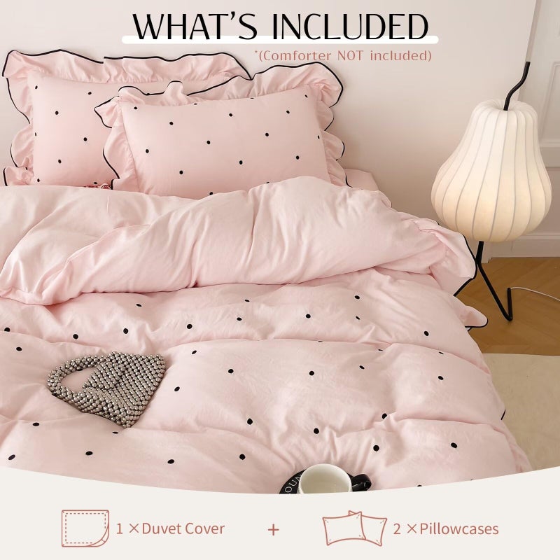 AMZTOP Queen Size Pink Polka Dot Duvet Cover Set,1 Duvet Cover with 2 Pillowcases,Cute Comforter Cover with Ruffles,3 Pcs Embroidery Aesthetic Coquette Bedding Set for Women Girls 90"Ã—90" - Image 3