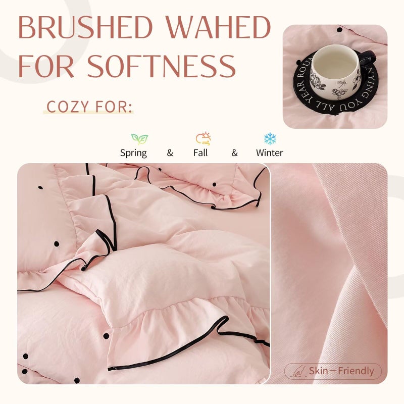 AMZTOP Queen Size Pink Polka Dot Duvet Cover Set,1 Duvet Cover with 2 Pillowcases,Cute Comforter Cover with Ruffles,3 Pcs Embroidery Aesthetic Coquette Bedding Set for Women Girls 90"Ã—90" - Image 4