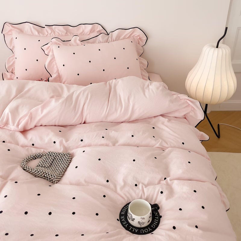 AMZTOP Queen Size Pink Polka Dot Duvet Cover Set,1 Duvet Cover with 2 Pillowcases,Cute Comforter Cover with Ruffles,3 Pcs Embroidery Aesthetic Coquette Bedding Set for Women Girls 90"Ã—90" - Image 1