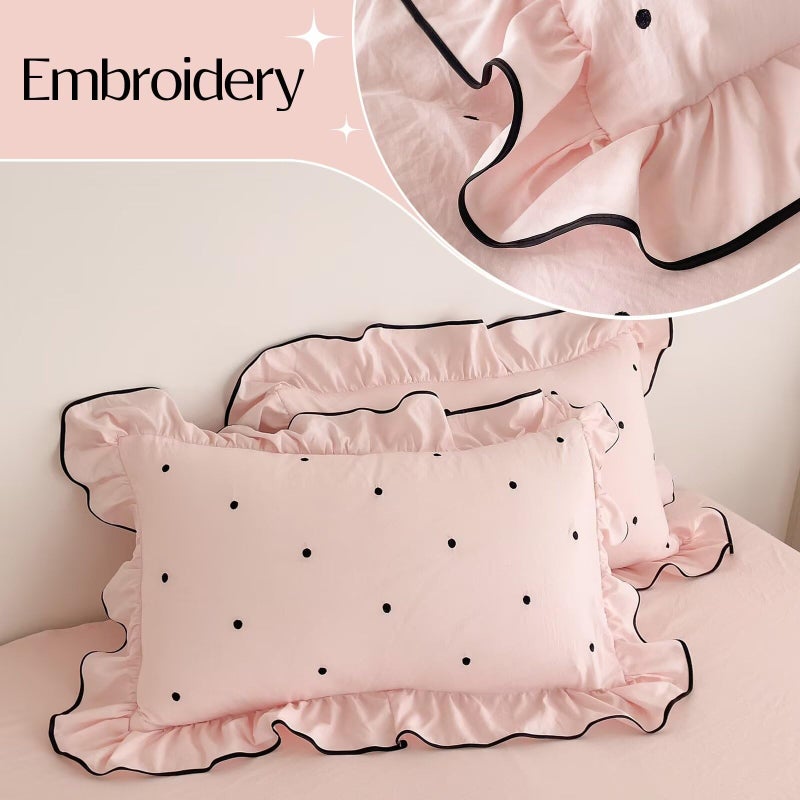 AMZTOP Queen Size Pink Polka Dot Duvet Cover Set,1 Duvet Cover with 2 Pillowcases,Cute Comforter Cover with Ruffles,3 Pcs Embroidery Aesthetic Coquette Bedding Set for Women Girls 90"Ã—90" - Image 5