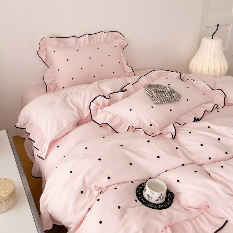 AMZTOP Queen Size Pink Polka Dot Duvet Cover Set,1 Duvet Cover with 2 Pillowcases,Cute Comforter Cover with Ruffles,3 Pcs Embroidery Aesthetic Coquette Bedding Set for Women Girls 90"Ã—90" - Image 2