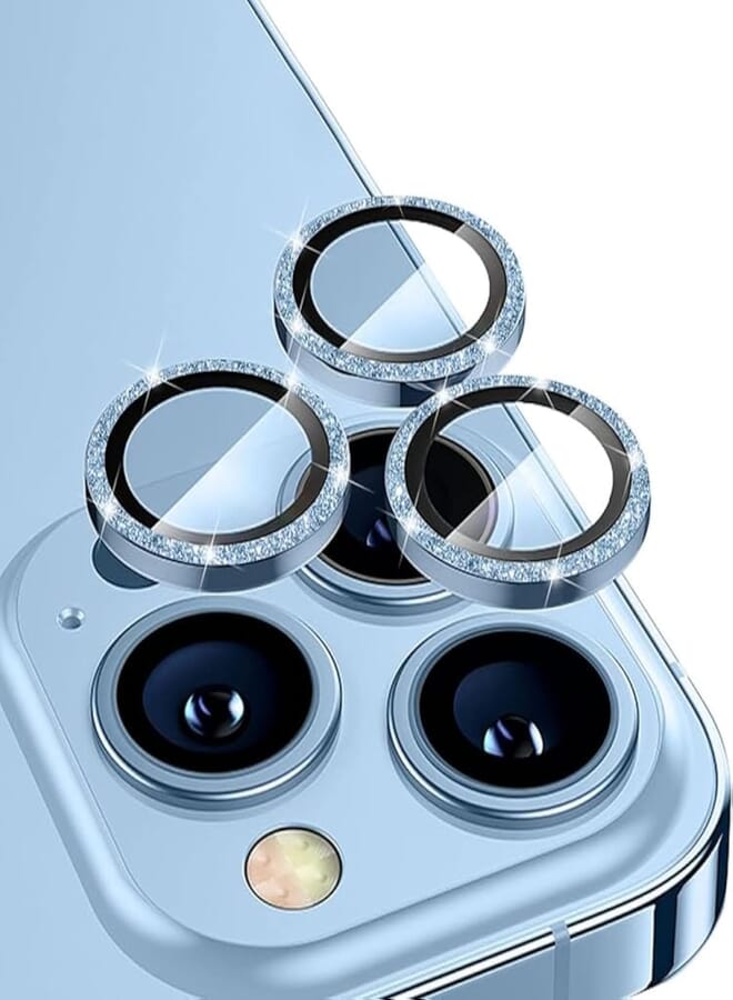 Next Next Store Camera Lens Protector for iPhone 13 Pro/13 Pro Max, 9H Tempered Glass Camera Cover, Metal Ring Decoration Accessories (Glitter Blue)