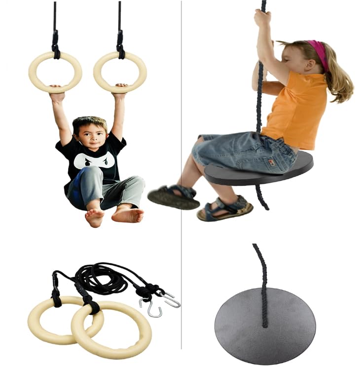 VIXERA Rope Disc Swing+Trapeze BAR with Rings, Ninja Warrior Obstacle Course for Kids, Wooden Gymnastic Ring Monkey Bars, Ninja Course for Kids Physical Exercise Tools - Image 3