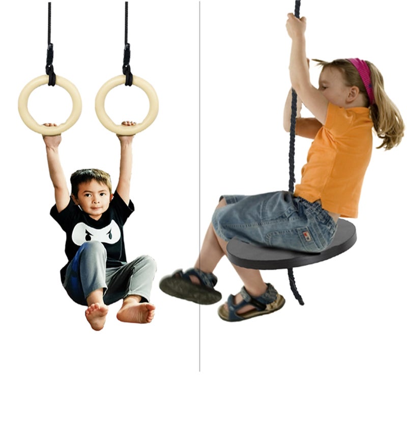 VIXERA Rope Disc Swing+Trapeze BAR with Rings, Ninja Warrior Obstacle Course for Kids, Wooden Gymnastic Ring Monkey Bars, Ninja Course for Kids Physical Exercise Tools - Image 1