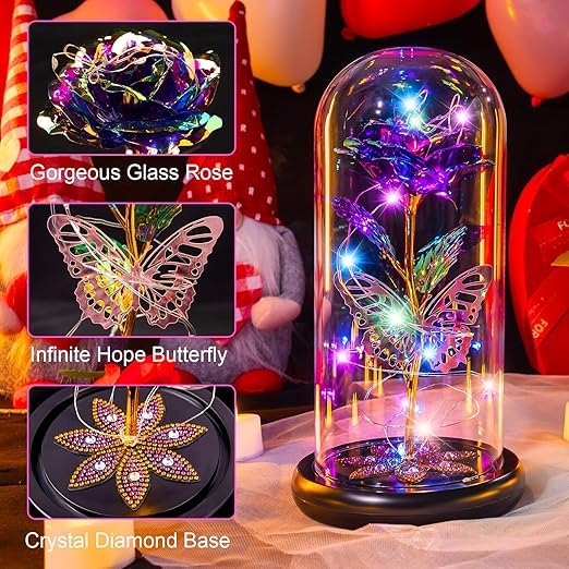BKQPTL Gifts for Women Galaxy Glass Rose Flowers Birthday Gifts Forever Eternal Crystal Light Up Rose in Glass Dome with Butterfly Presents for Her Mom Sister Wife Girlfriend Purple 1 PCMulticolor - Image 2