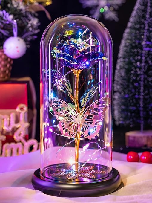 BKQPTL Gifts for Women Galaxy Glass Rose Flowers Birthday Gifts Forever Eternal Crystal Light Up Rose in Glass Dome with Butterfly Presents for Her Mom Sister Wife Girlfriend Purple 1 PCMulticolor - Image 1