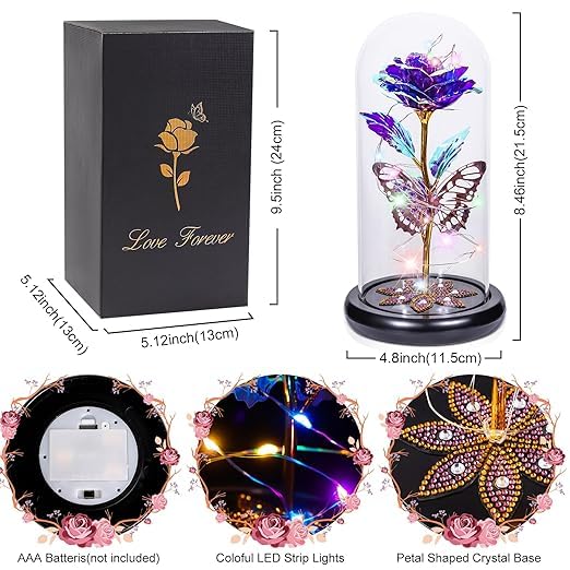 BKQPTL Gifts for Women Galaxy Glass Rose Flowers Birthday Gifts Forever Eternal Crystal Light Up Rose in Glass Dome with Butterfly Presents for Her Mom Sister Wife Girlfriend Purple 1 PCMulticolor - Image 3