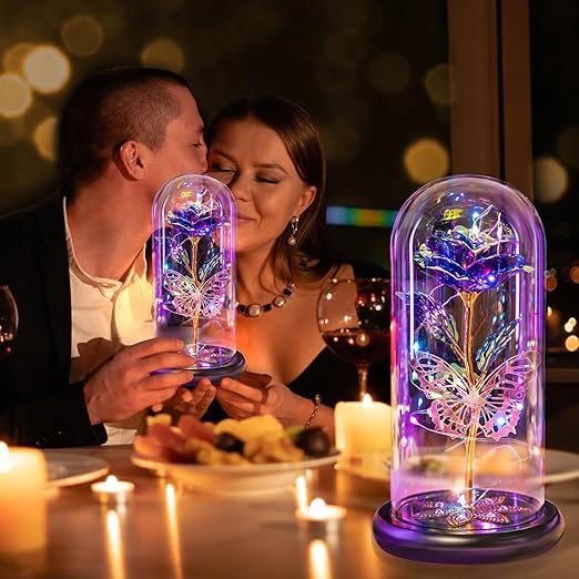 BKQPTL Gifts for Women Galaxy Glass Rose Flowers Birthday Gifts Forever Eternal Crystal Light Up Rose in Glass Dome with Butterfly Presents for Her Mom Sister Wife Girlfriend Purple 1 PCMulticolor - Image 5