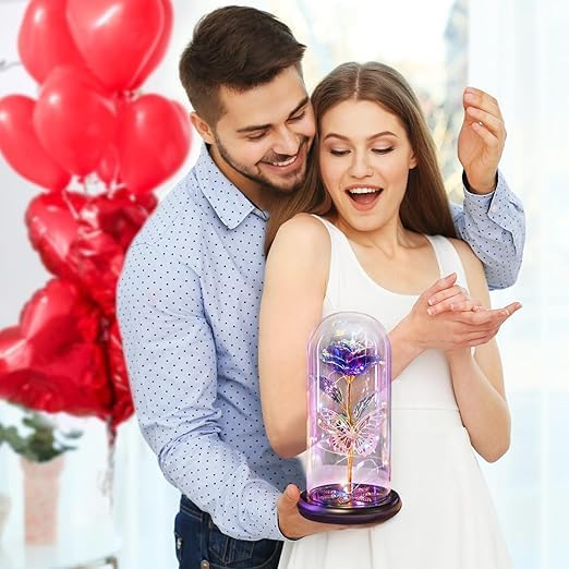 BKQPTL Gifts for Women Galaxy Glass Rose Flowers Birthday Gifts Forever Eternal Crystal Light Up Rose in Glass Dome with Butterfly Presents for Her Mom Sister Wife Girlfriend Purple 1 PCMulticolor - Image 4