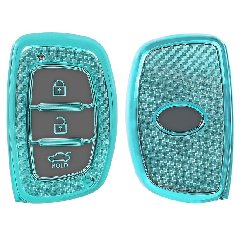 JVCV® Soft TPU Carbon Fiber Style Car Key Cover Compatible with Hyundai Creta, i10 Grand, i20 Elite, i20 Active, Xcent, Verna 4s, Tucson, Elantra, Grand i10 Nios 3 Button Smart Key (Green) - Image 1