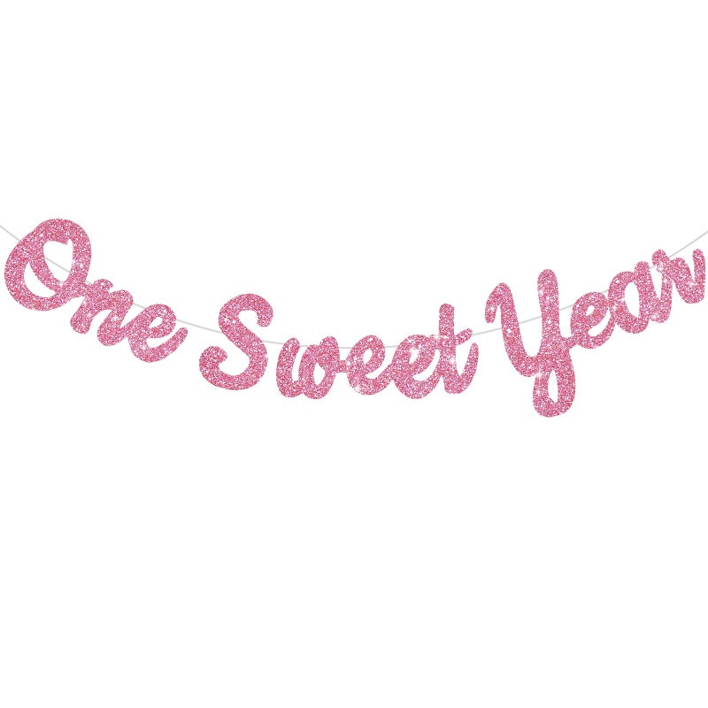 BEISHIDA Pink Glitter Sweet 1 Year Banner(Pre-Strung), First Birthday Anniversary Party Decorations Supplies for Boys Girls, Sweet Bunting Sign,1st Bday Baby Shower Hanging banner - Image 1