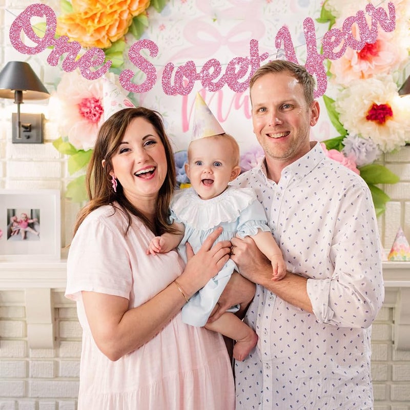 BEISHIDA Pink Glitter Sweet 1 Year Banner(Pre-Strung), First Birthday Anniversary Party Decorations Supplies for Boys Girls, Sweet Bunting Sign,1st Bday Baby Shower Hanging banner - Image 4