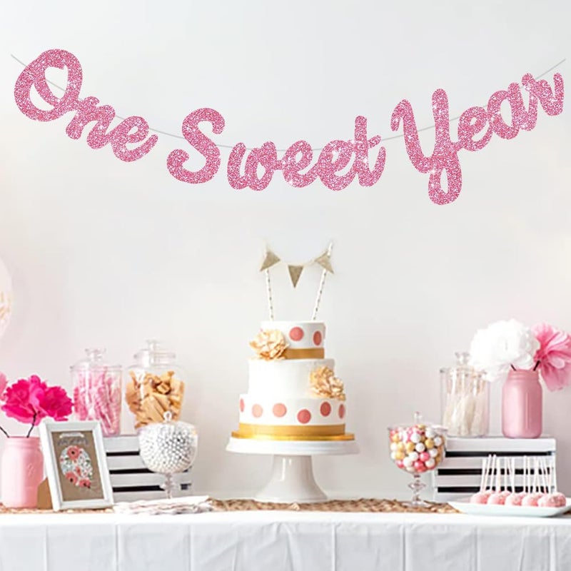 BEISHIDA Pink Glitter Sweet 1 Year Banner(Pre-Strung), First Birthday Anniversary Party Decorations Supplies for Boys Girls, Sweet Bunting Sign,1st Bday Baby Shower Hanging banner - Image 5