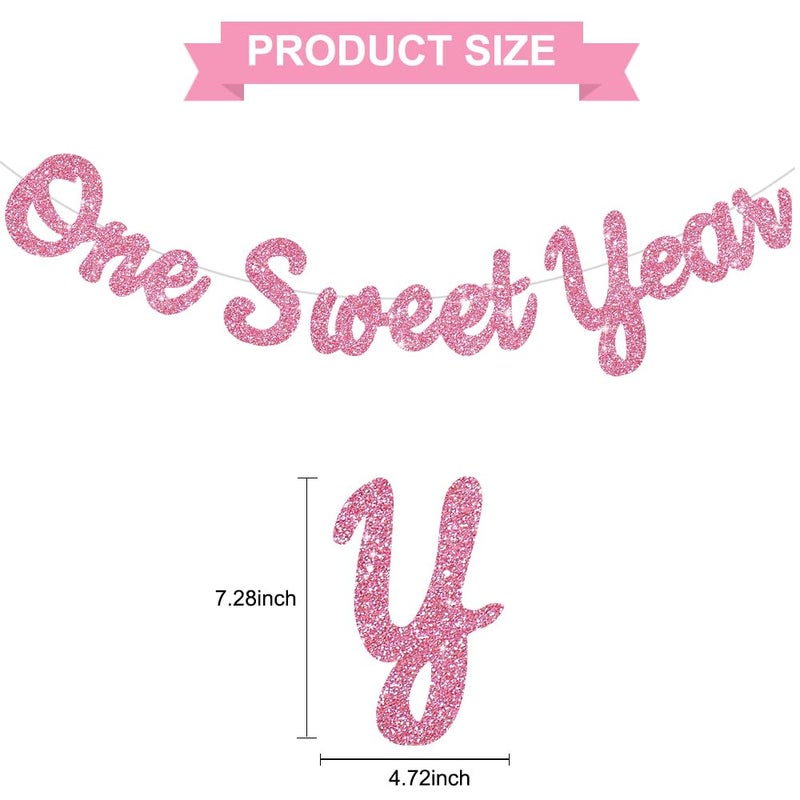 BEISHIDA Pink Glitter Sweet 1 Year Banner(Pre-Strung), First Birthday Anniversary Party Decorations Supplies for Boys Girls, Sweet Bunting Sign,1st Bday Baby Shower Hanging banner - Image 2