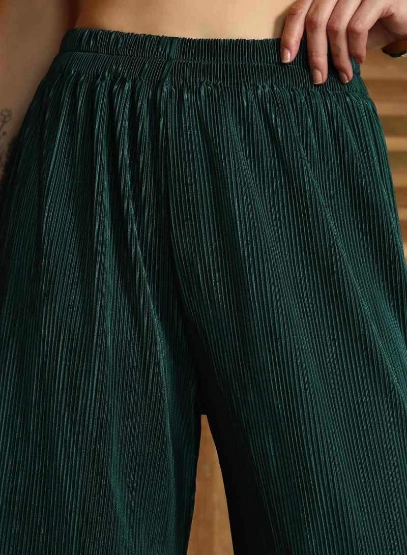 QISSA  Qissa Women's Emerald Green Solid Pleated-Halter Co-Ord Set For Casual Wear | Halter Neck | Sleeveless | 2 Piece Kurta Set Designed With Comfort Fit For Everyday Ethnic Wear for Women | Best Price UAE