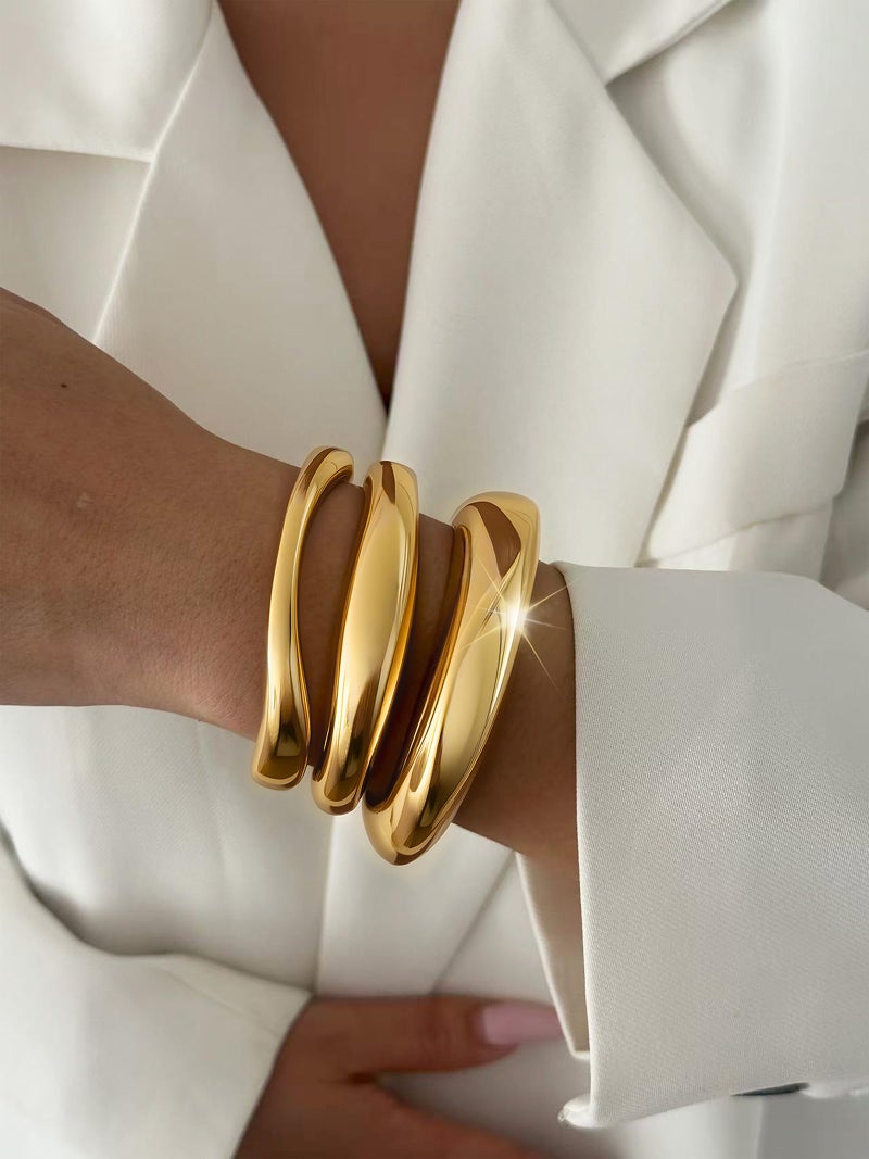 RchSLK 3Pcs Chunky Gold Bangles Bracelets for Women, Spring Hinged Bangles Stackable Set, Trendy Cuff Bracelet Fashion Jewelry Gifts - Image 2