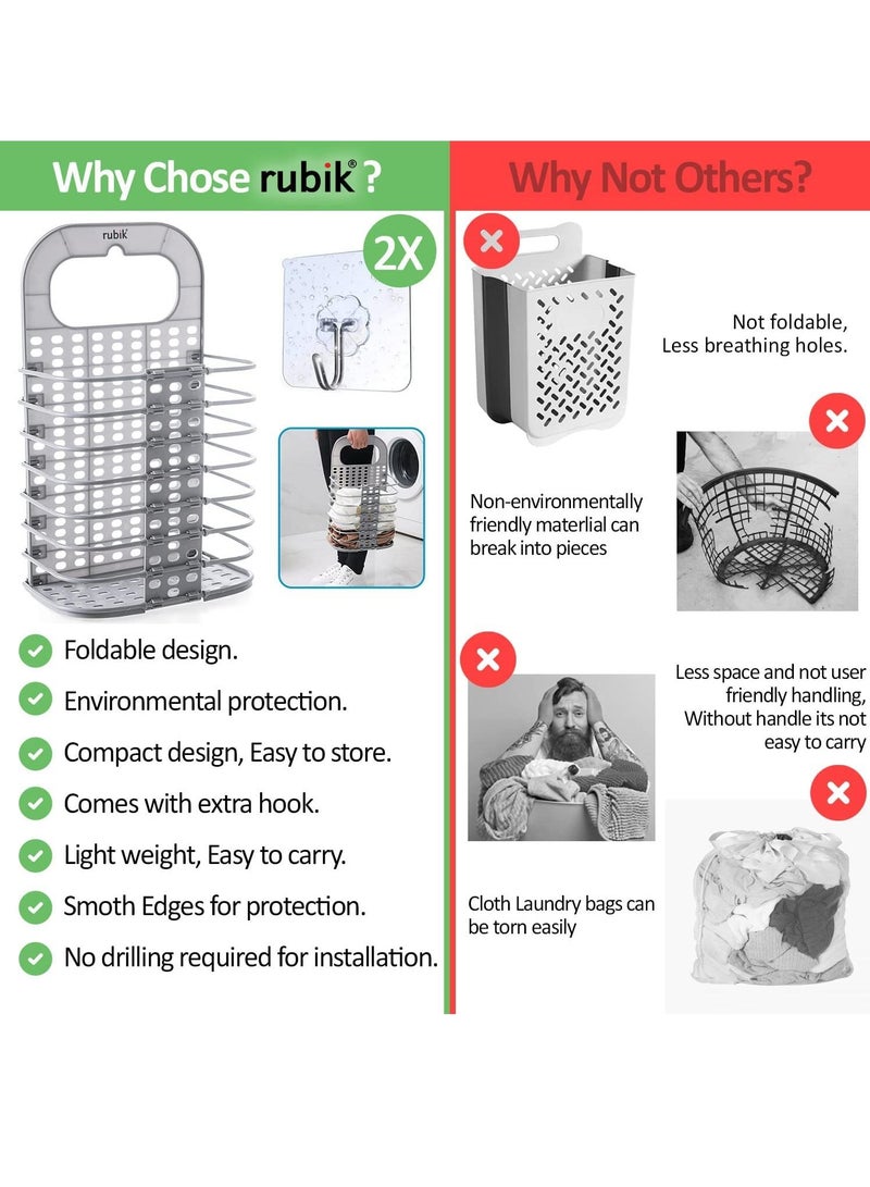 Rubik Foldable Laundry Basket Plastic with Handle for Bathroom, Slim Wall Hanging Type Multipurpose Suitable for Laundry, Storage, Toys (White) - Image 3