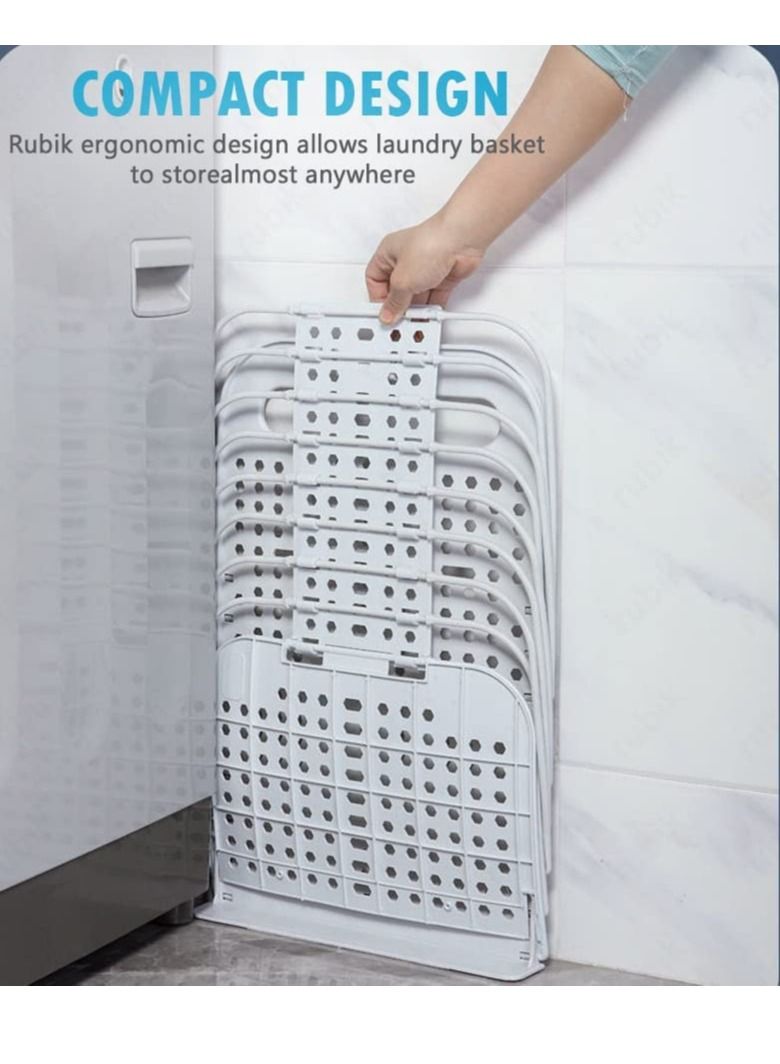 Rubik Foldable Laundry Basket Plastic with Handle for Bathroom, Slim Wall Hanging Type Multipurpose Suitable for Laundry, Storage, Toys (White) - Image 2