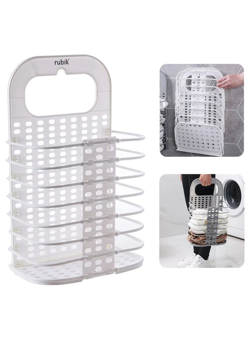 Rubik Foldable Laundry Basket Plastic with Handle for Bathroom, Slim Wall Hanging Type Multipurpose Suitable for Laundry, Storage, Toys (White) - Image 1
