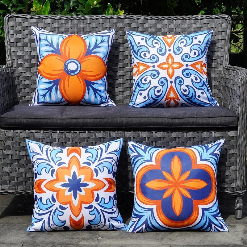 ONWAY Outdoor Pillow Covers Waterproof Set of 4 Floral Boho Decorative Throw Cushion Cover Farmhouse Pillows for Bench, Couch, Sunbrella and Patio Furniture (BlueOrange, 18x18 Inch) - Image 1