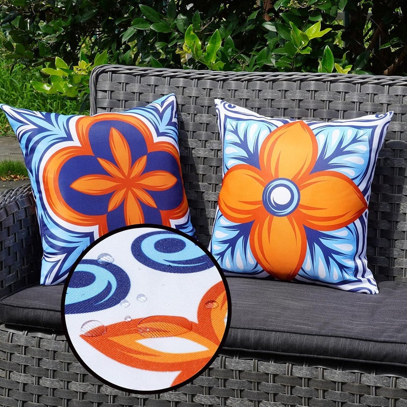 ONWAY Outdoor Pillow Covers Waterproof Set of 4 Floral Boho Decorative Throw Cushion Cover Farmhouse Pillows for Bench, Couch, Sunbrella and Patio Furniture (BlueOrange, 18x18 Inch) - Image 2