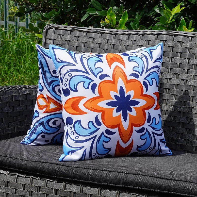 ONWAY Outdoor Pillow Covers Waterproof Set of 4 Floral Boho Decorative Throw Cushion Cover Farmhouse Pillows for Bench, Couch, Sunbrella and Patio Furniture (BlueOrange, 18x18 Inch) - Image 4