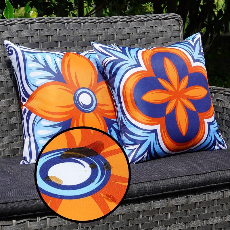 ONWAY Outdoor Pillow Covers Waterproof Set of 4 Floral Boho Decorative Throw Cushion Cover Farmhouse Pillows for Bench, Couch, Sunbrella and Patio Furniture (BlueOrange, 18x18 Inch) - Image 3