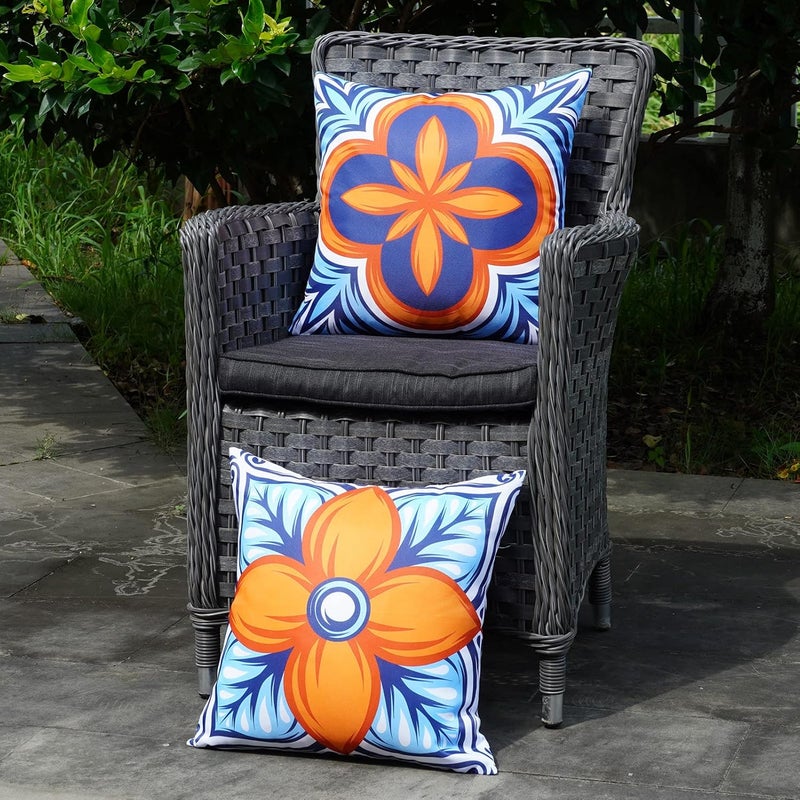 ONWAY Outdoor Pillow Covers Waterproof Set of 4 Floral Boho Decorative Throw Cushion Cover Farmhouse Pillows for Bench, Couch, Sunbrella and Patio Furniture (BlueOrange, 18x18 Inch) - Image 5