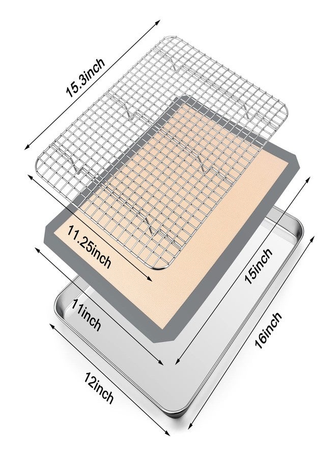 P&P CHEF 16 x 12 x 1 Inch Toaster Oven Pan with Grid Rack and Silicone Mat, Stainless Steel Toaster Oven Tray Baking Pan with Cooling Roasting Rack, Dishwasher Safe (3Pcs) - Image 2
