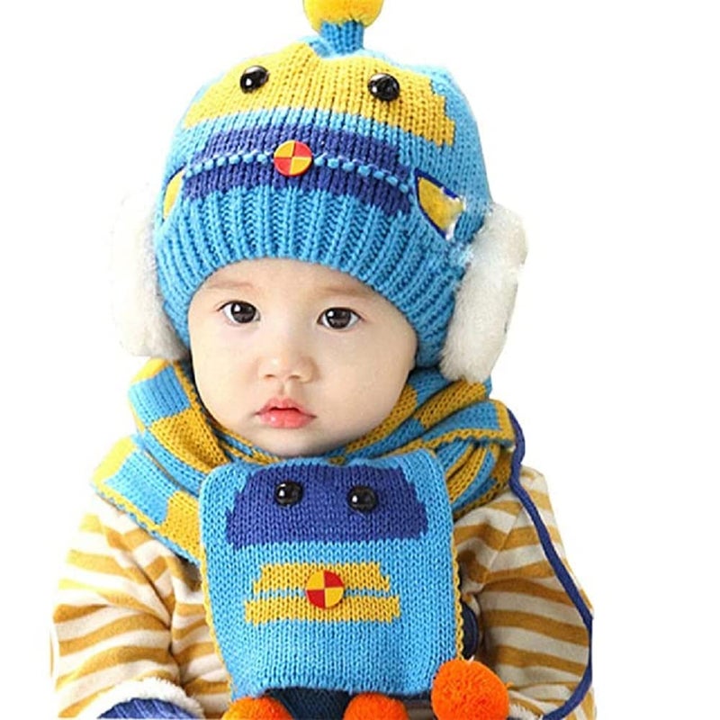 R&d Baby Winter Hat Scarf Set for Boys & Girls Infant Toddler Kids Baby Robot Style Cap Warm Hats with Muffler (Blue) (1-3 Years) - Image 1