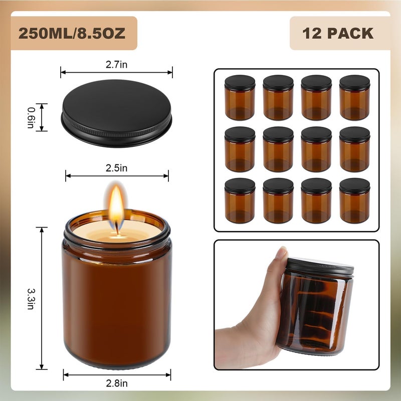 FUFU 12-Pack 8 oz amber Round Glass Pot Jar, Empty Jars With Black Metal Lids, Refillable Cosmetic Containers, Travel Jars for Lotion, Cream, Slime, Cosmeti (12) - Image 3