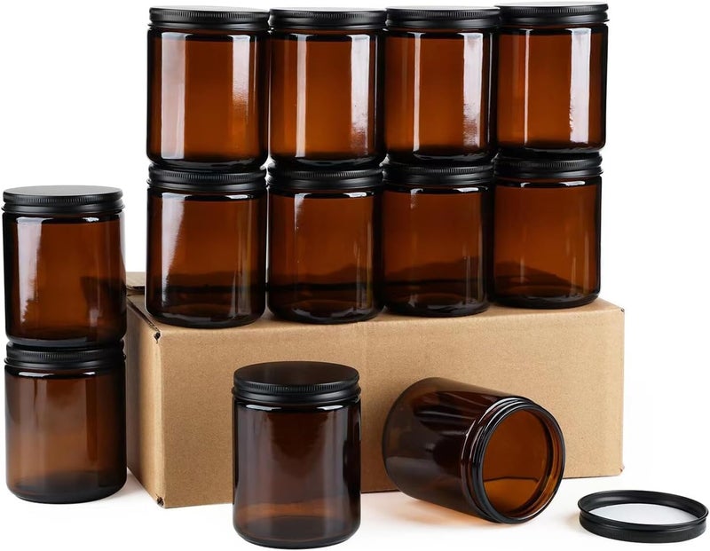 FUFU 12-Pack 8 oz amber Round Glass Pot Jar, Empty Jars With Black Metal Lids, Refillable Cosmetic Containers, Travel Jars for Lotion, Cream, Slime, Cosmeti (12) - Image 1