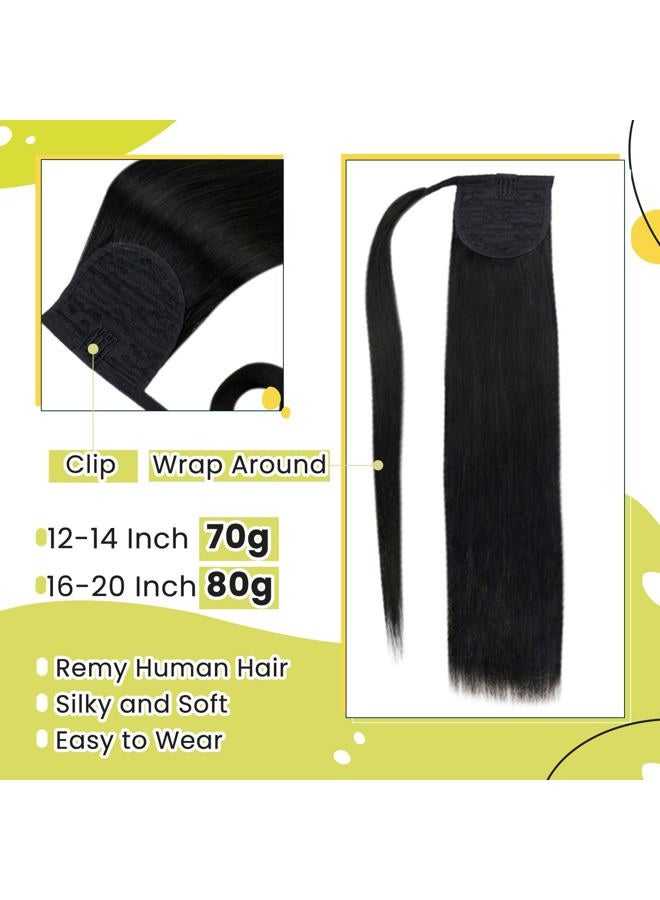 RUNATURE Human Hair Ponytail Extension, Off Black Ponytail Hair Extensions Real Human Hair, Soft Straight 70g #1B Off Black - Image 3