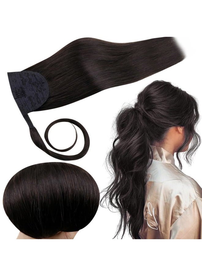 RUNATURE Human Hair Ponytail Extension, Off Black Ponytail Hair Extensions Real Human Hair, Soft Straight 70g #1B Off Black - Image 1