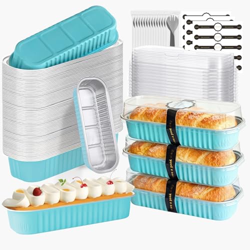 OBXMLFY 100 Pack Mini Cake Pans with Lids and Spoons, Mini Loaf Baking Pans 6.8oz, Small Disposable Aluminum Foil Loaf Pans, Rectangular Baking Containers for Party and Picnics, Cheesecake Pans (Blue) - Image 1
